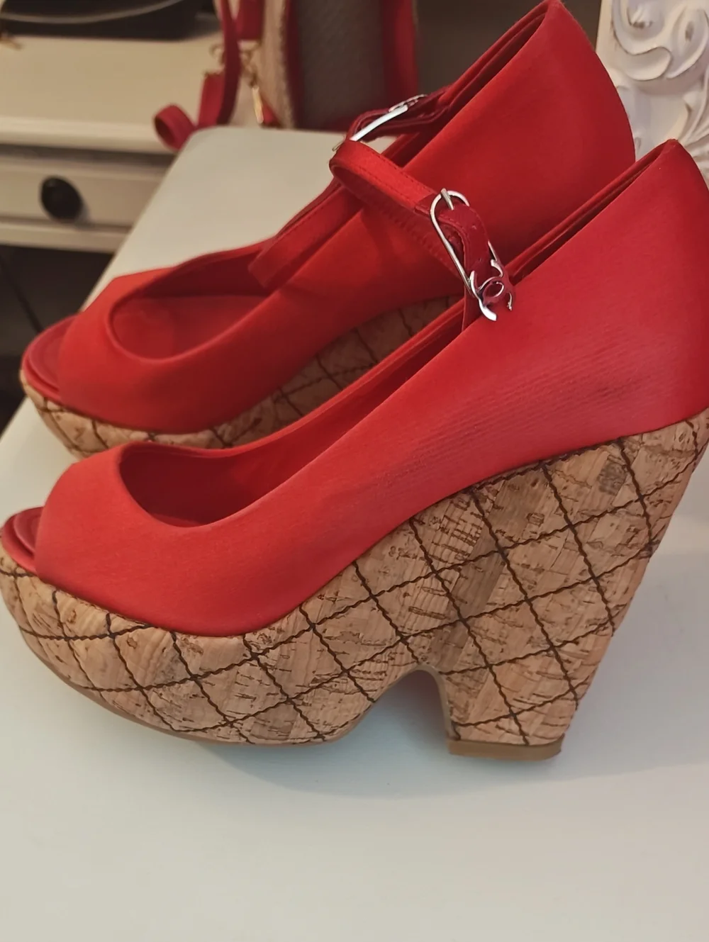 ​CHANEL Vintage Red Silk Quilted Cork Wedge Platform Sandals Size 6.5